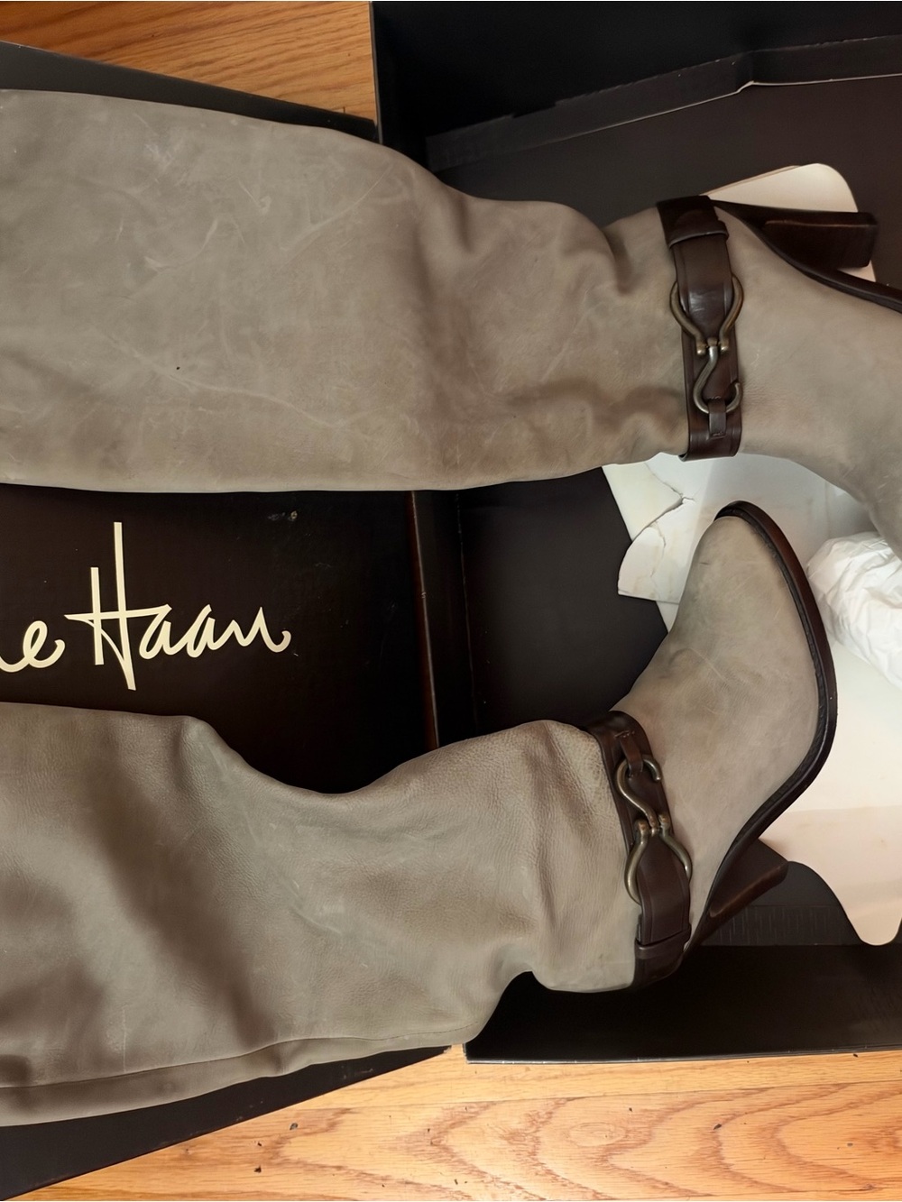 Cole Haan Taupe Over-the-Knee Leather Boots with Dark Brown Harness